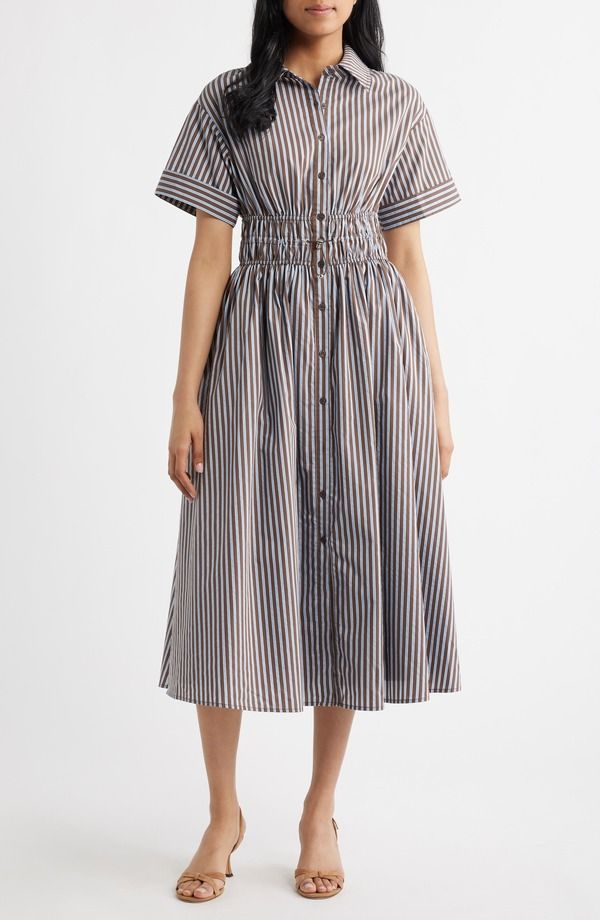 エン セゾン レディース トップス ワンピース ミディ シャツ コットン En Saison Stripe Short Sleeve Cotton Blend Midi Shirtdress BROW 22,485円
