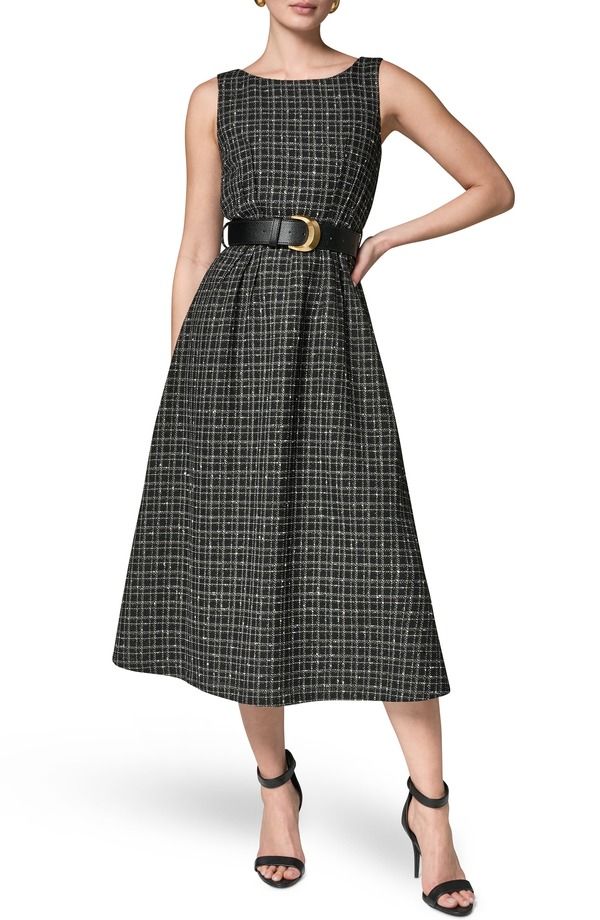 ダナ キャラン ニューヨーク レディース トップス ワンピース ミディ ツイード Donna Karanew York Check Tweed Belted Midi Dress BLACK CREA
