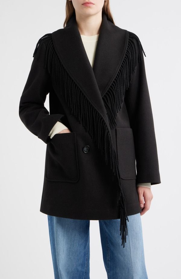 サムエデルマン レディース アウター コート フリンジ Sam Edelman Fringe Shawl Collar Coat BLACK ブラック