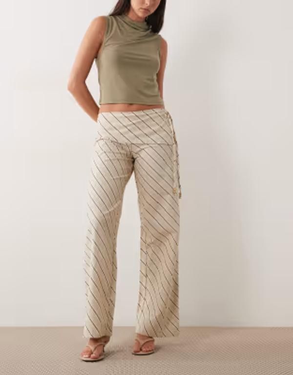 モーテル レディース ボトムス カジュアルパンツ Motel Faria striped fold over pants BEIGE ベージュ