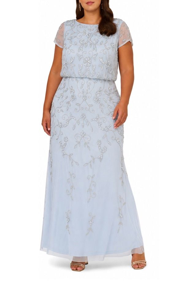 アドリアナ パペル レディース トップス ワンピース プラスサイズ メッシュ Adrianna Papell Beaded Mesh Gown Plus ELEGANT SKY 40,820円