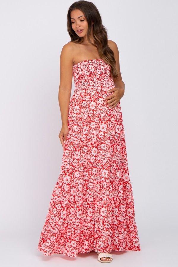 ピンクブラッシュ レディース トップス ワンピース フラワー柄 ストラップレス シャーリング マタニティ マキシ フラワー PinkBlush Floral Straplessmocked Maxi