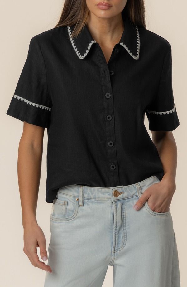カットフロムザクロス レディース トップス シャツ リネン KUT from the Kloth Marisolinen Blend ButtonUp Shirt BLACK WHITE ホワイト