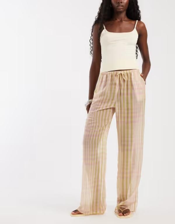 エイソス レディース ボトムス カジュアルパンツ ワイドレッグ シフォン ギンガムチェック ギンガム ASOS DESIGN chiffon wide leg pullon pants gingham