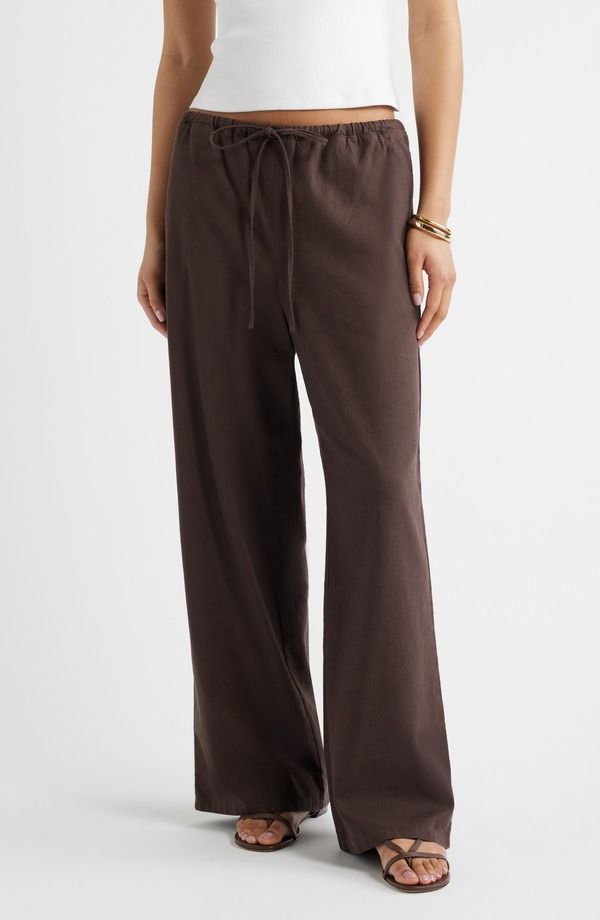 オープンエディット レディース ボトムス カジュアルパンツ ワイドレッグ リネン Open Edit Linen Blend Wide Leg Pants BROWN SEAL ブラウン