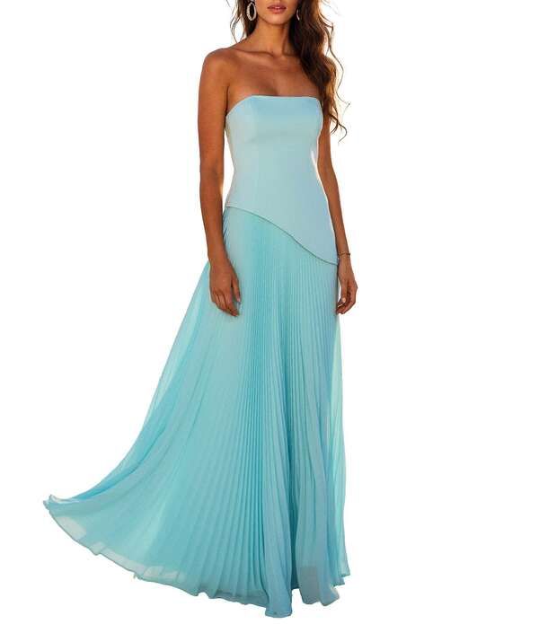 テラニクチュール レディース トップス ワンピース プリーツスカート アシンメトリー プリーツ ストラップレスカート Terani Couture Strapless Long Dress With