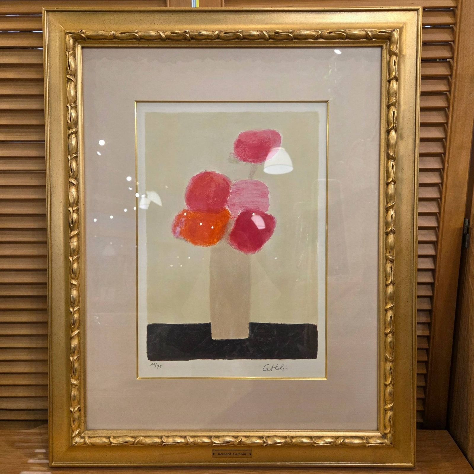 ベルナール・カトラン 「ベージュの背景のピンクの花束」 リトグラフ 版画額装 直筆サイン シリアルナンバー入り　◇