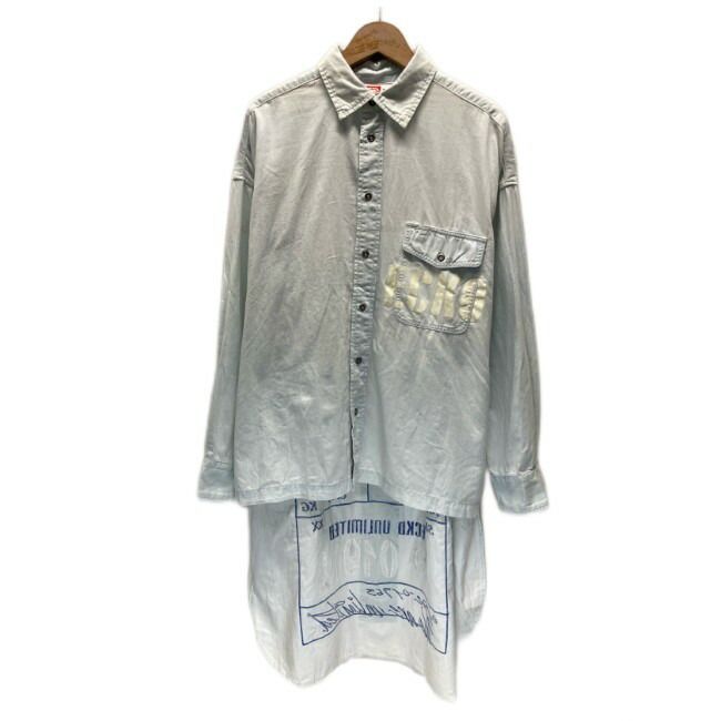 【中古】　ecko　バックロングシャツ　長袖　シャツ　トップス　レギュラーカラー　胸ポケット　ロング丈　バック刺しゅう　ワンポイント　ブランドロゴ　プリント　スポーツ　カジュアル　古着　/2010