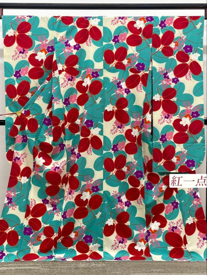 紅一点 ポリエステル小紋振袖 金彩 萩 桐 身丈170cm MOP644