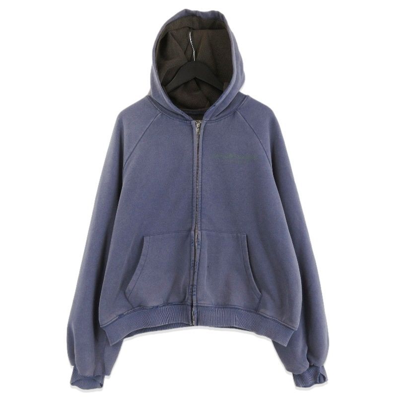 未使用 Basketcase バスケットケース SIREN thermal lined zip up ジップパーカー USED加工 プリント 破れ加工 ネイビー M 71016428