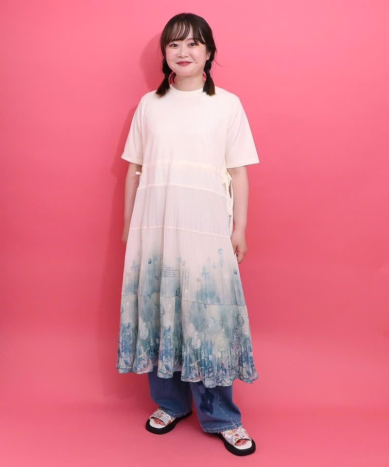 IS ScoLar（イズスカラー）天竺ｘプリーツシフォン 貝殻柄グラデワンピース　アイボリー、ブラック　562244