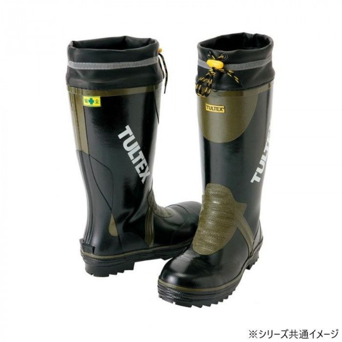糸入り三層構造で強度を高めた現場仕様 反射テープと鋼製先芯付き アイトス 安全ゴム長靴(糸入り) ブラック×OD 25.5cm 4703 吸汗ドライ裏地・フード仕様