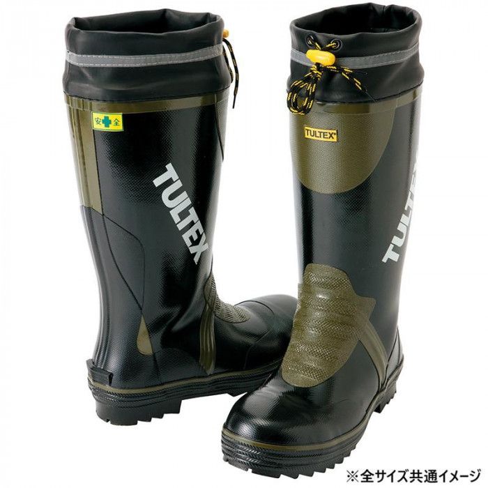 糸入り三層構造で強度を高めた現場仕様 反射テープと鋼製先芯付き アイトス 安全ゴム長靴(糸入り) ブラック×OD 26.0cm 4703 吸汗ドライ裏地・フード仕様