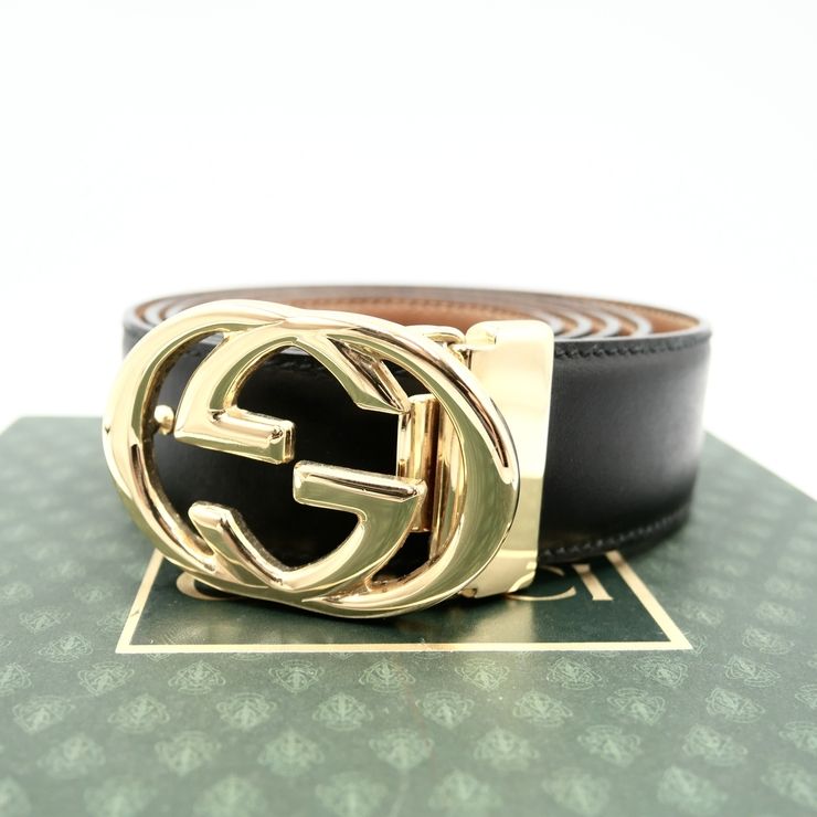 GUCCI（グッチ）インターロッキングG ベルト ブラック レザー ゴールドバックル メンズ 105・42 036・519・0980 【中古】 19,866円