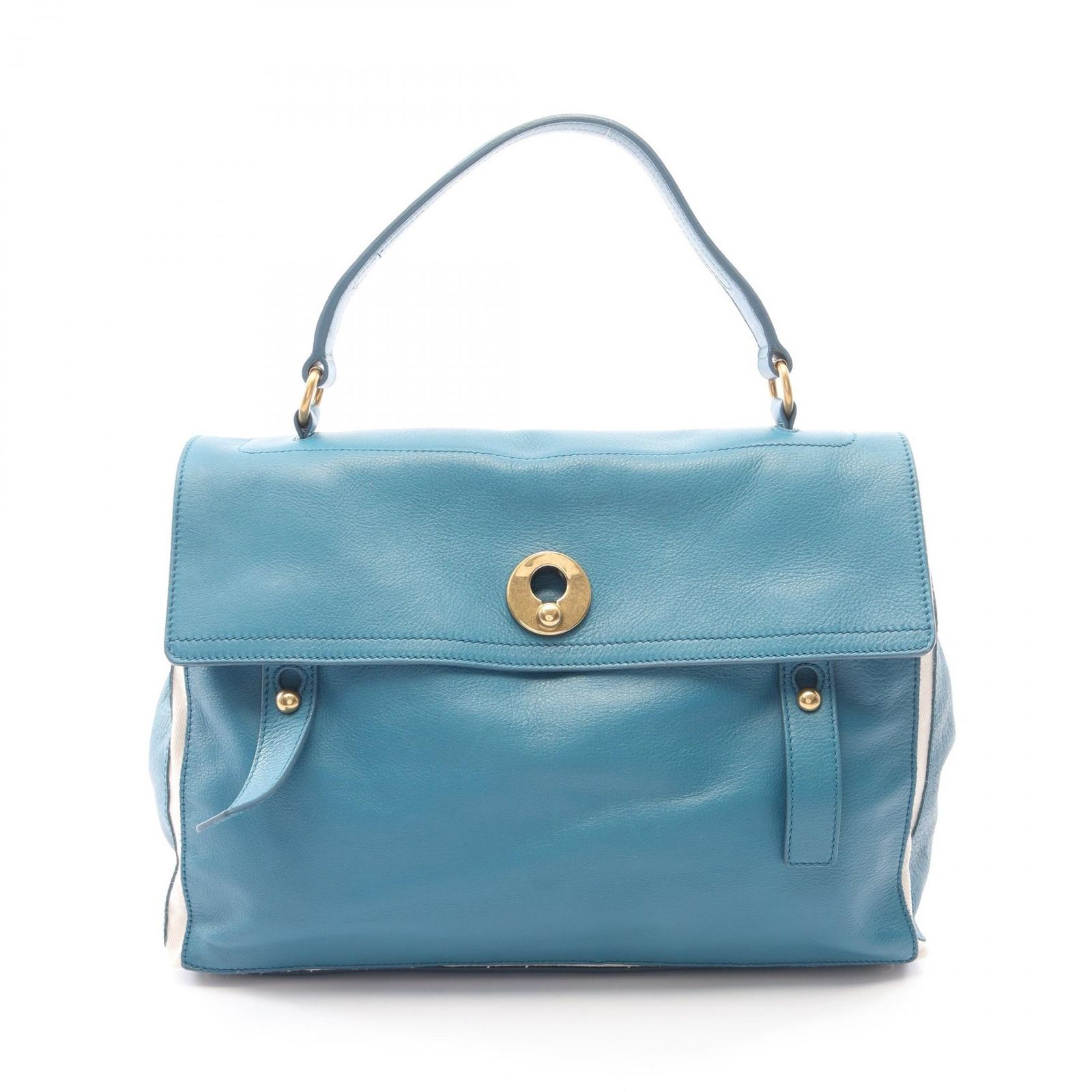 イヴ・サンローラン YVES SAINT LAURENT ハンドバッグ ミューズトゥ 229563 ターコイズブルー レザー キャンバス ミューズトゥ ラージ レディース Used A