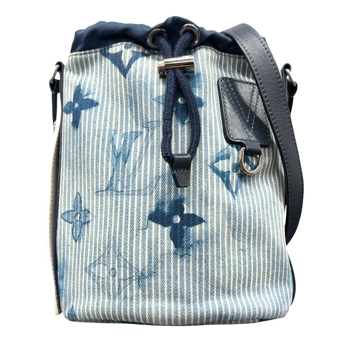 LOUIS VUITTON 美品 ルイヴィトン サック マラン モノグラム ウォーターカラー ショルダーバッグ M57830 デニム キャンバス レザー FO0231 ブルー 巾着 バケット ポシェット ヴィトン ABランク 中古 鑑定済 77,990円