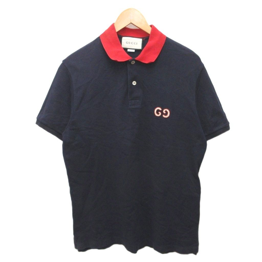 グッチ GUCCI GGロゴ ポロシャツ 半袖 ロゴ刺繍 コットン XS 紺 ネイビー 赤 レッド 574086-XJA6C ■IBO101 17,925円