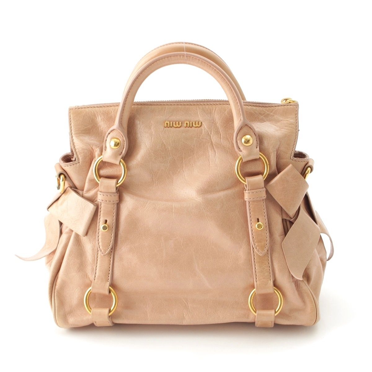 ミュウミュウ ヴィッテロリュクス サイドリボン 2WAY ショルダー ハンドバッグ ベージュ【中古】