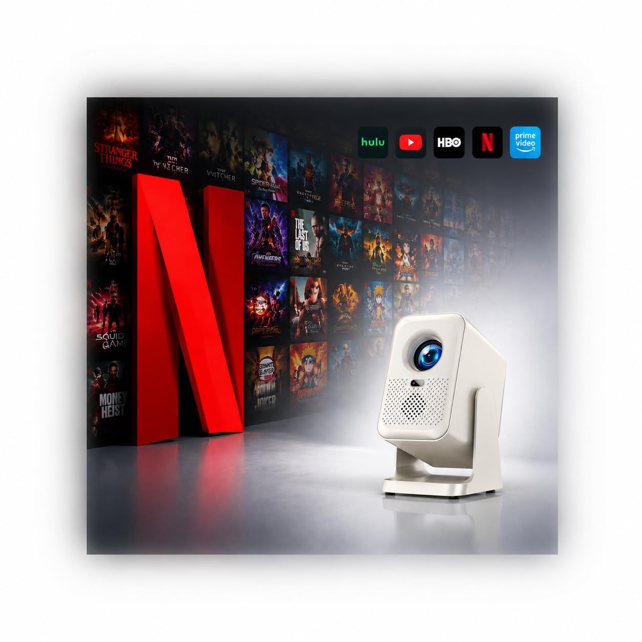 プロジェクター 家庭用 小型 【2026アップグレード版Android TV搭載＆Netflix対応＆790g軽量設計】32000LM 真の1080P 4K入力対応 天井投影 高輝度 Wi-Fi6 最大150インチ大画面 自動台形補正 静音Bluetoopms