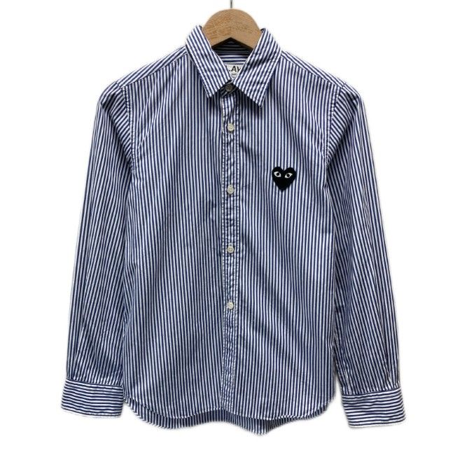 【中古】　PLAY COMME des GARCONS　ストライプシャツ　長袖　ブラウス　シャツ　トップス　レギュラーカラー　ワンポイント　ブランドロゴ　ワッペン　AD2015　日本製　ドメスティック　古着　/2496