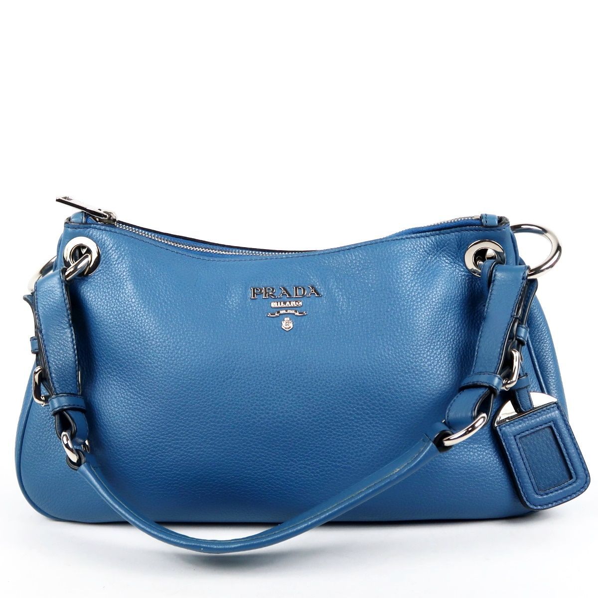 【超美品】PRADA プラダ オールレザー ワンショルダーバッグ 肩掛け ブルー×シルバー金具 ブランド鞄【VC28】