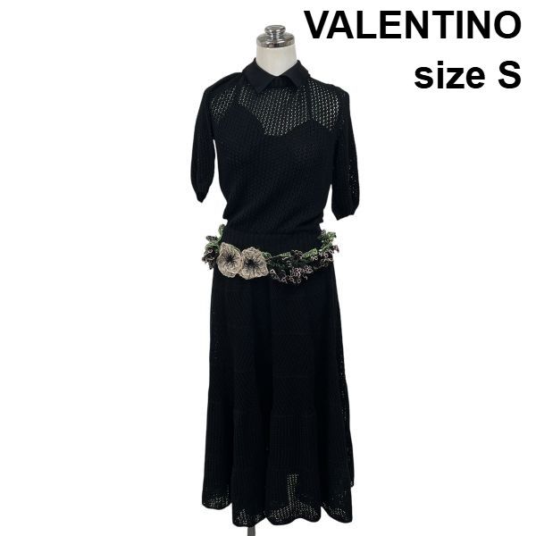 ◆ ヴァレンティノ VALENTINO ワンピース 半袖 レギュラーカラー 透け感 キャミソール付き 黒 コットン S 7号 レディース S6I575