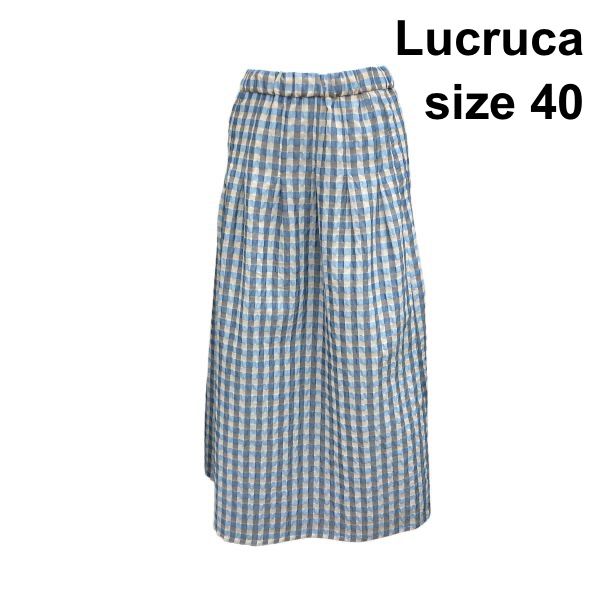 □ ルクルカ Lucruca ギャザーフレアスカート ロング丈 ウエスト総ゴム チェック柄 ブルー グレー 白 綿混 40 L 11号 レディース Z6C608