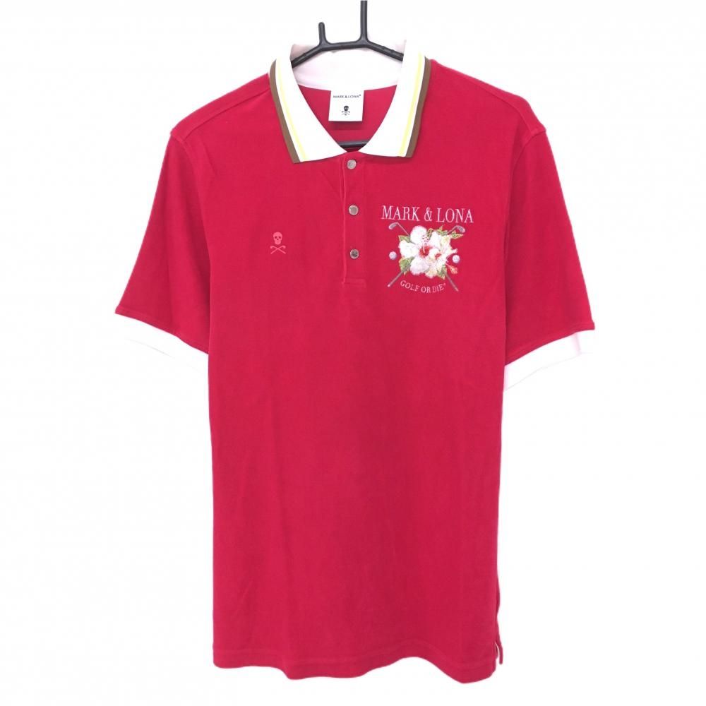 【美品】マークアンドロナ 半袖ポロシャツ レッドピンク系×白 パイル地調 花刺しゅう メンズ 48(L) ゴルフウェア MARK＆LONA