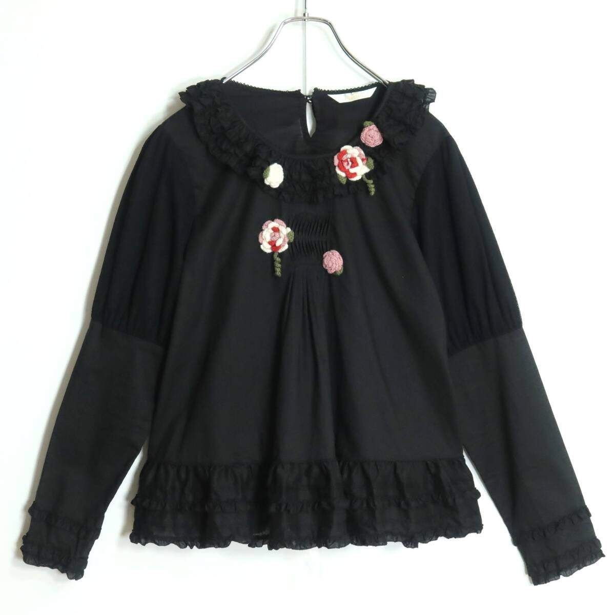 【美品】ピンクハウス★可愛いお花のモチーフが印象的！ドットチュールレース使い♪ブラウス 黒系 段々フリルも♪*z19271