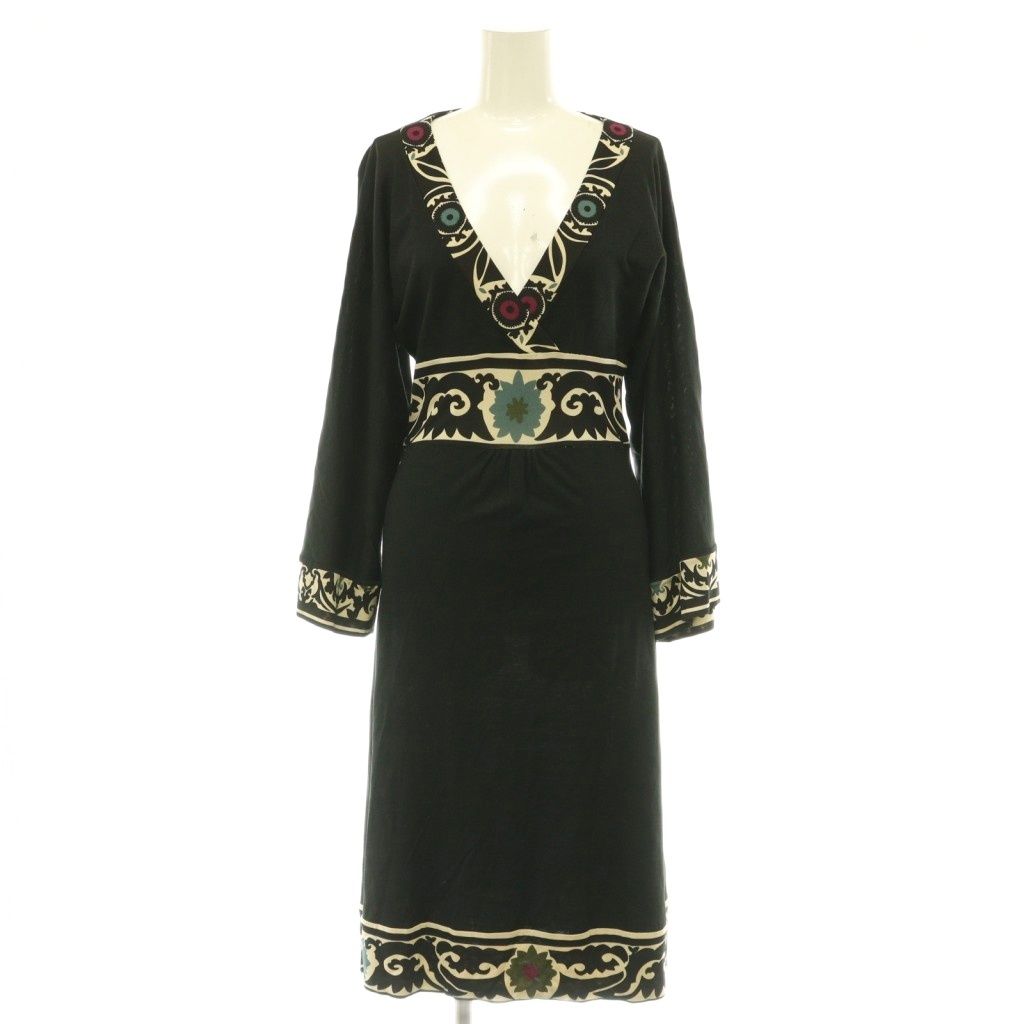 ダイアンフォンファステンバーグ DIANE von FURSTENBERG シルク エスニックワンピース Vネック ウエストマーク 2 黒 ブラック マルチカラー /CX ■ECC007