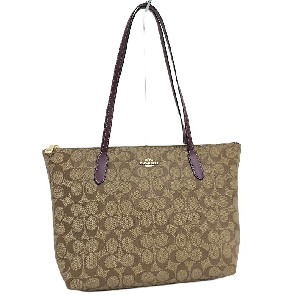 COACHトートバッグ シグネチャー レザー ベージュ パープル 4455