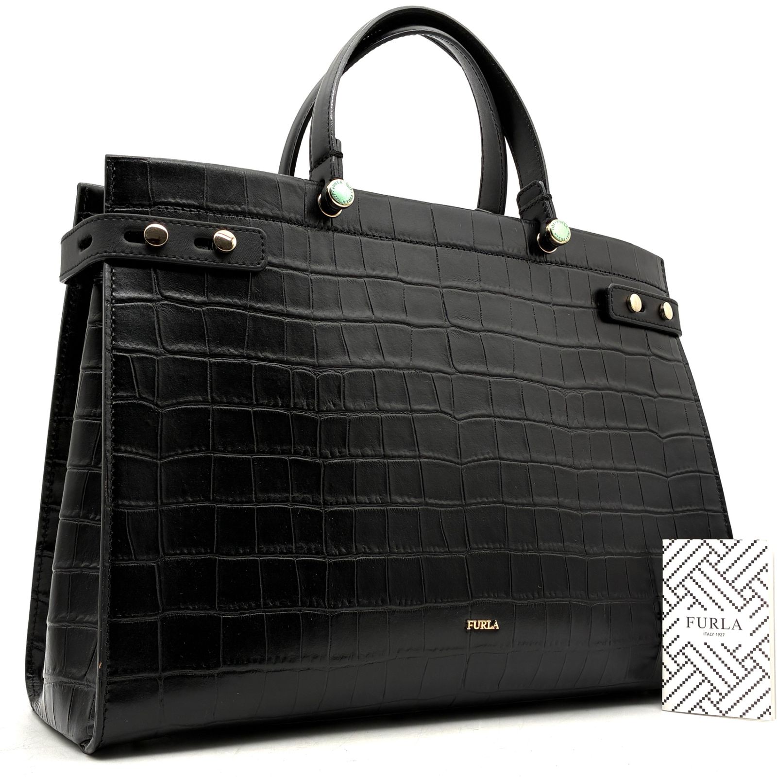 未使用保管品 フルラ FURLA レディ LADY M トートバッグ ハンドバッグ クロコ型押し レザー ブラック 黒 大容量 自立 夏休み 帰省 お盆 敬老の日 シルバーウィーク 秋 ハロウィン 七五三 ギフト プレゼント
