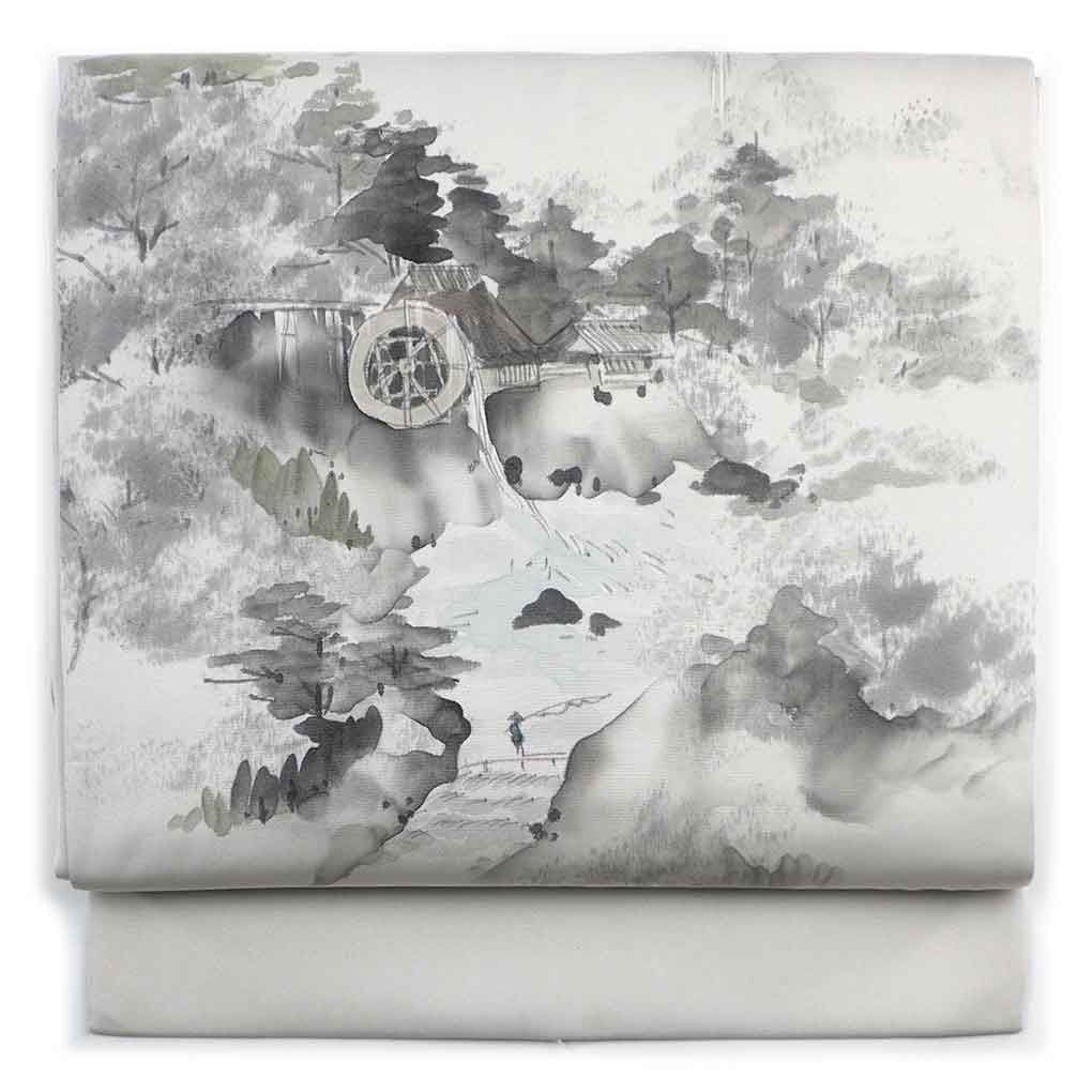 名古屋帯 幅31cm 長さ384cm レディース 風景画 秋冬春用 正絹(シルク)グレー 美品 塩瀬 リメイク リユース リサイクル【呉服のきくや】