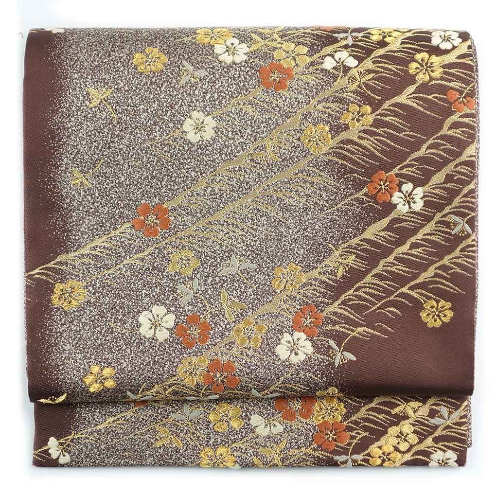 袋帯 幅31cm 長さ435cm レディース 桜 秋冬春用 正絹（シルク）ブラウン 未使用品 リメイク リユース リサイクル【呉服のきくや】