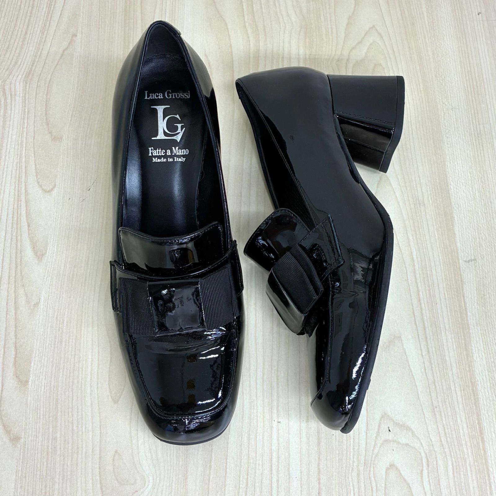 【ルカグロッシ Luca Grossi】エナメルリボンパンプス エナメルローファー EUR38 / 25cm ブラック 黒