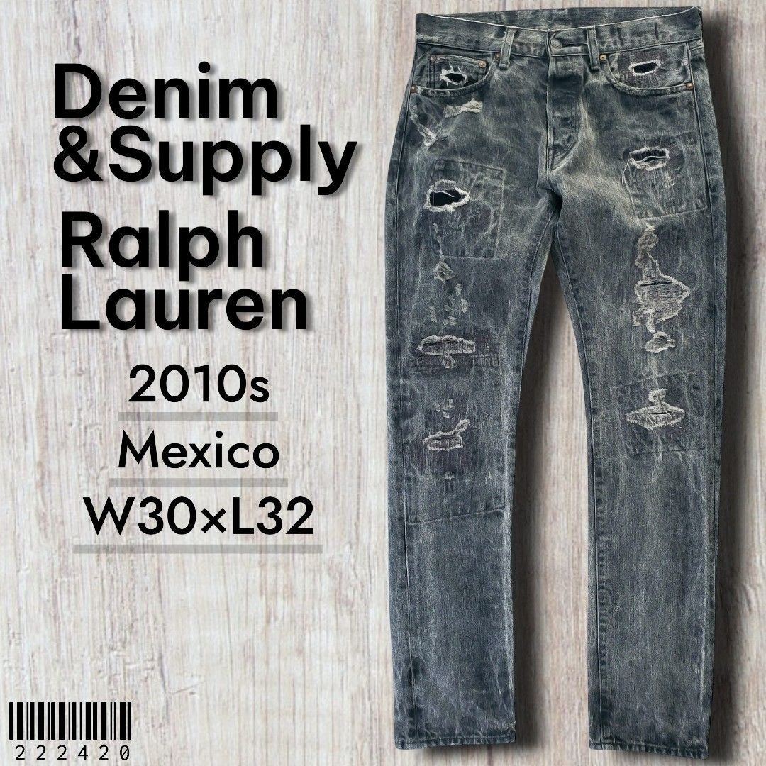 Denim&Supply ラルフロレーン■美品 2010s 先染め USED加工 ブラック ストレートデニム W30 グランジ デストロイ 廃版 ダメージ リペア クラッシュ デニムアンドサプライ