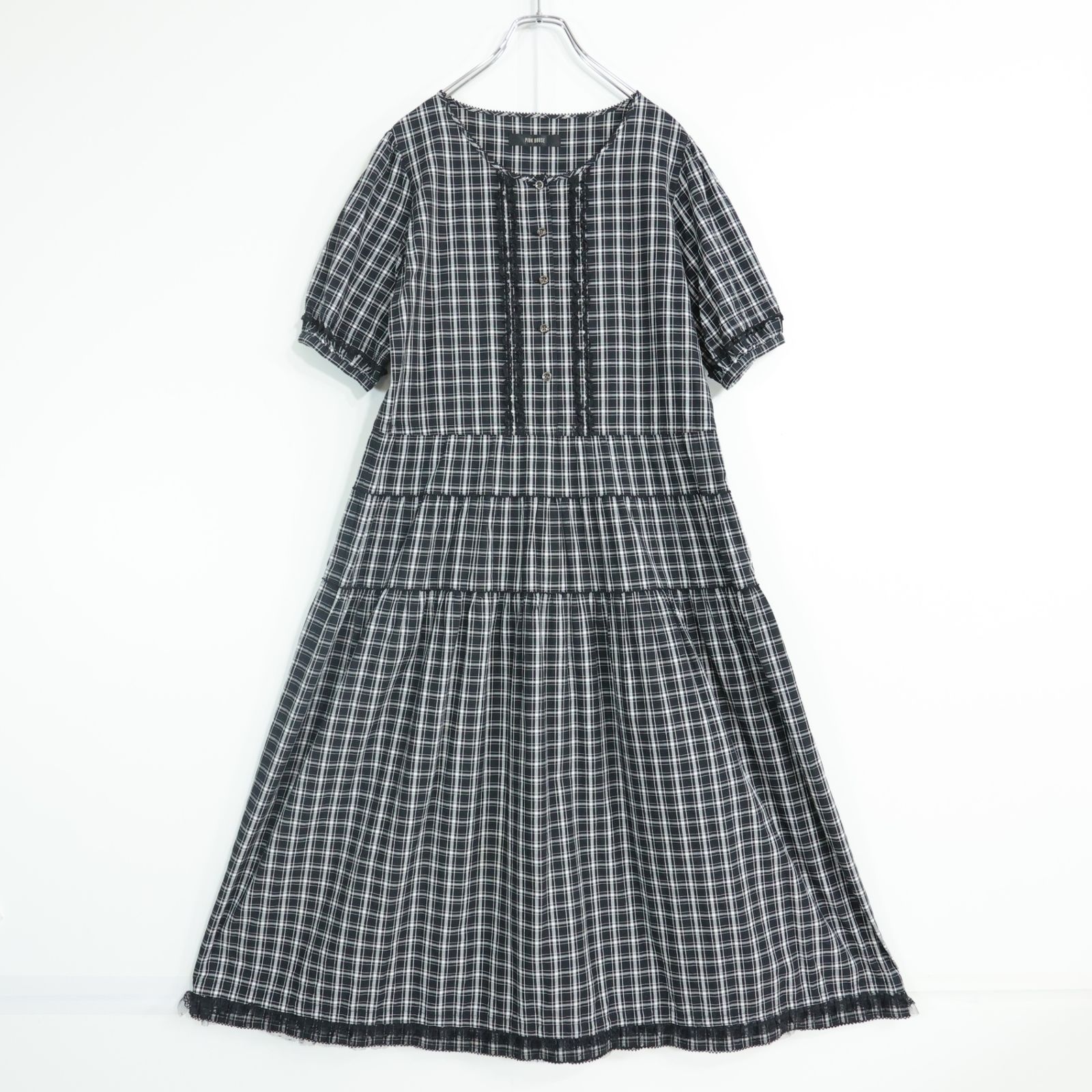 【美品】ピンクハウス★ふんわりフォルム♪オリチェptワンピース 黒系 黒レース付き♪z22398
