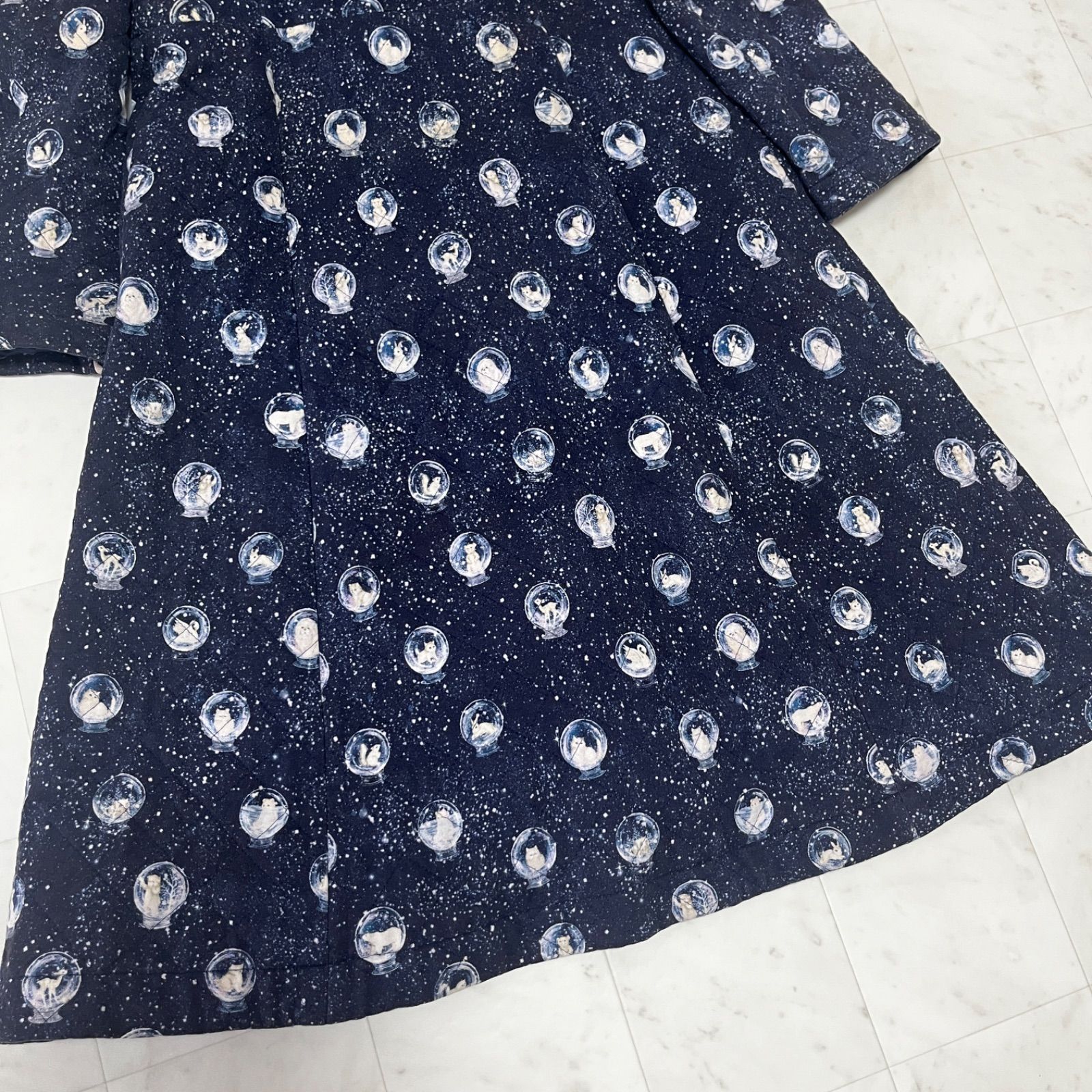 franche lippee フランシュリッペ スノードームキルトコート 裏ボア フード ロングコート 動物柄 総柄 ネイビー 紺 レディース サイズM