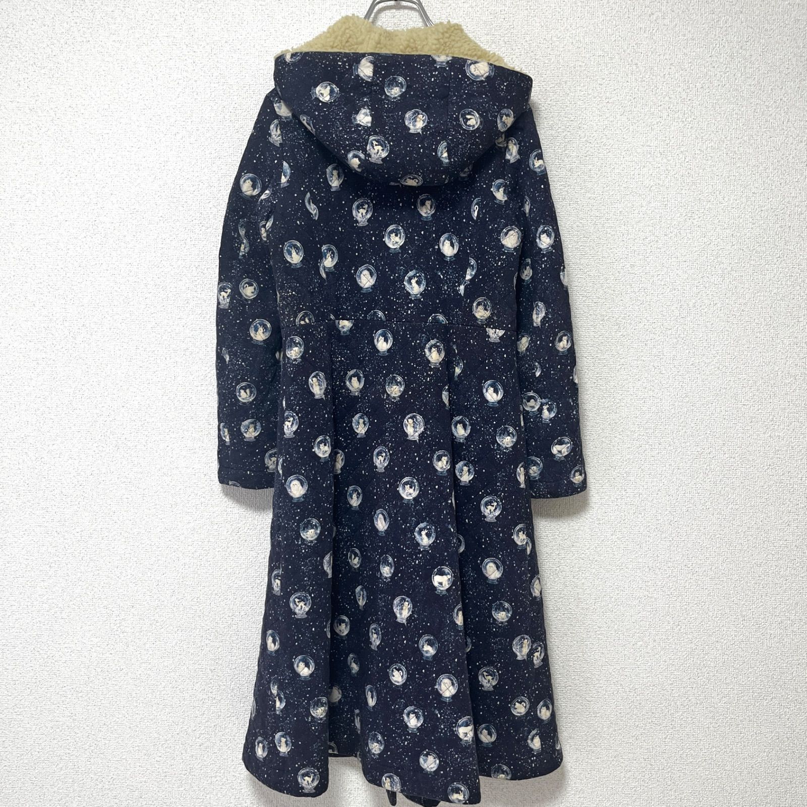 franche lippee フランシュリッペ スノードームキルトコート 裏ボア フード ロングコート 動物柄 総柄 ネイビー 紺 レディース サイズM