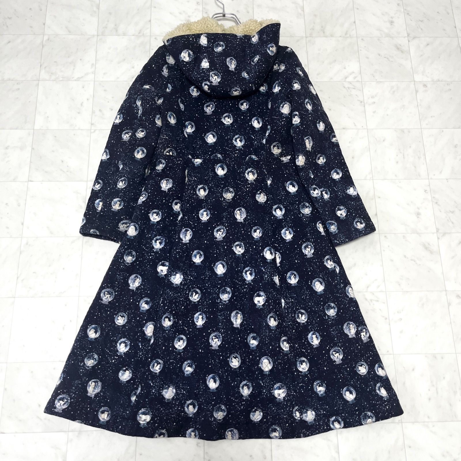 franche lippee フランシュリッペ スノードームキルトコート 裏ボア フード ロングコート 動物柄 総柄 ネイビー 紺 レディース サイズM