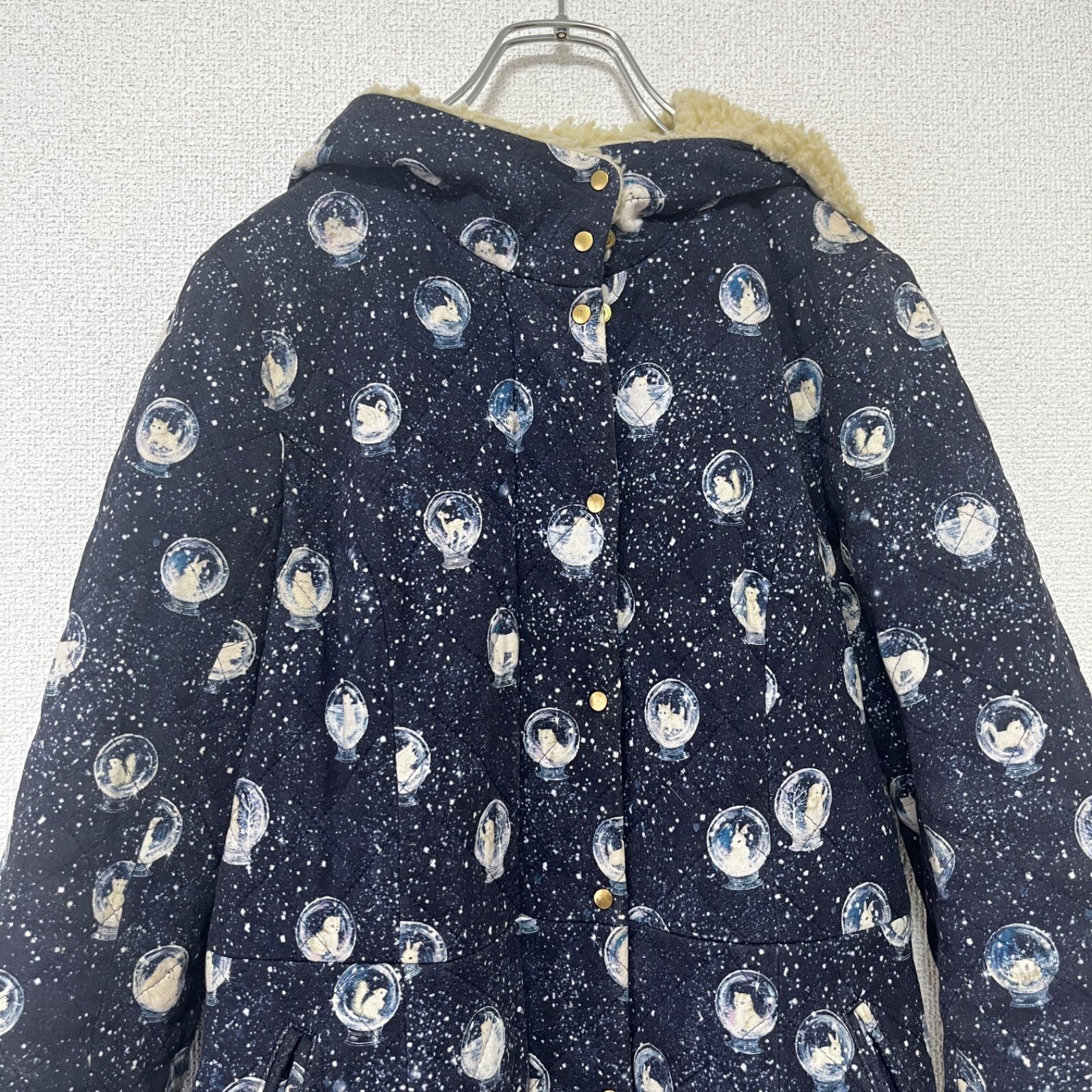 franche lippee フランシュリッペ スノードームキルトコート 裏ボア フード ロングコート 動物柄 総柄 ネイビー 紺 レディース サイズM