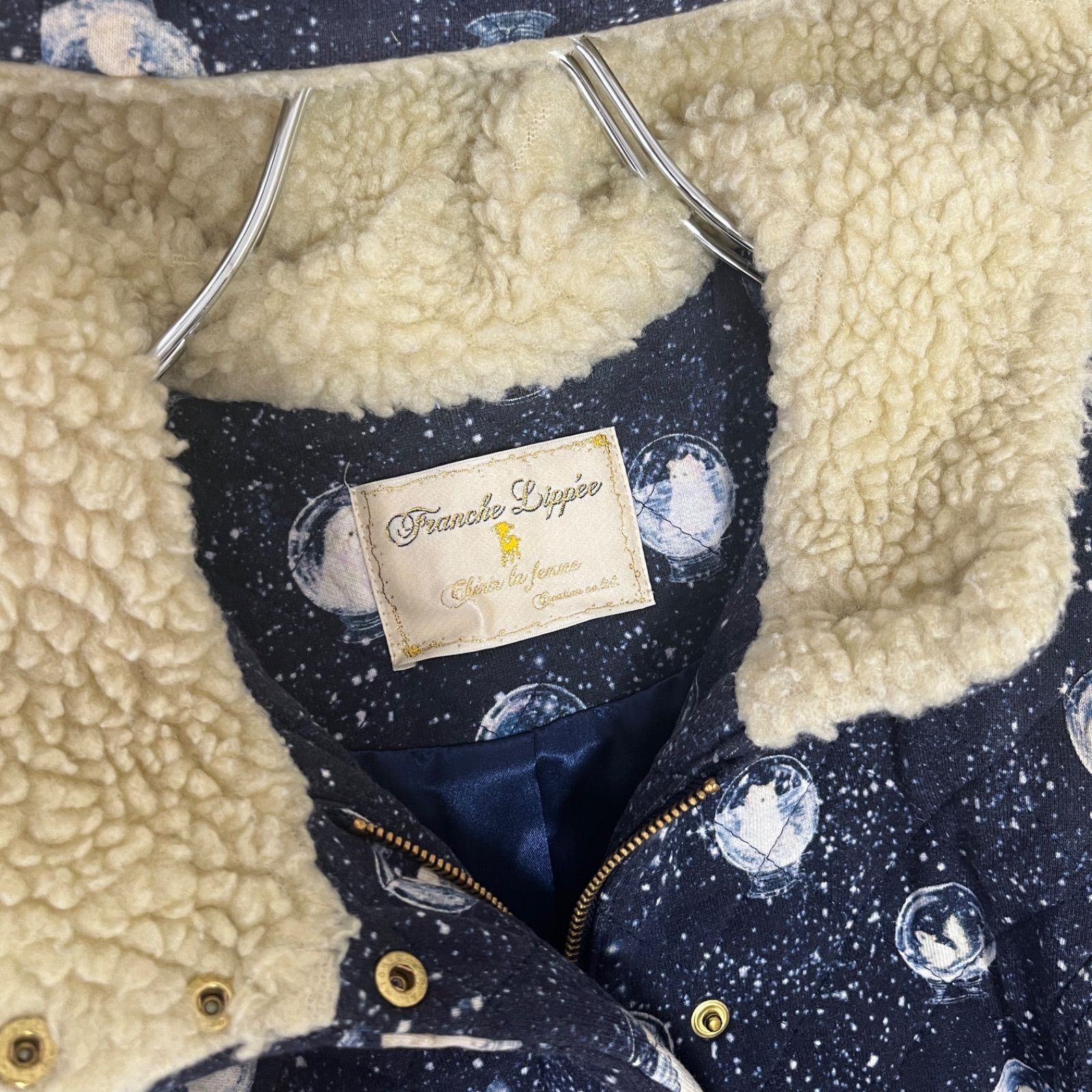 franche lippee フランシュリッペ スノードームキルトコート 裏ボア フード ロングコート 動物柄 総柄 ネイビー 紺 レディース サイズM
