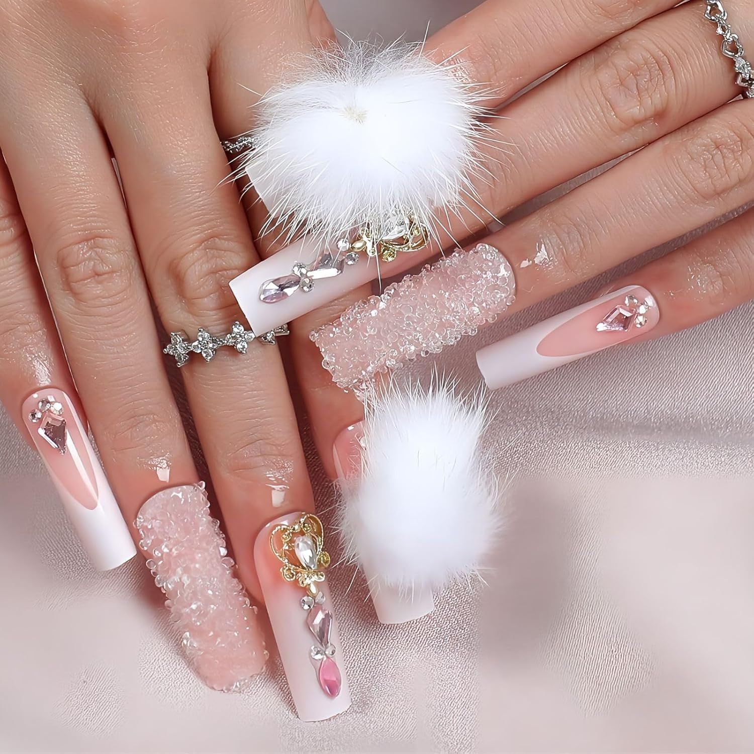 Nail Tips Long Nail Gal, Mine Pink, Sparkling, Cute Stickers, Pack of 24, Adult Bridal Cosplay, Korean Style, B-681