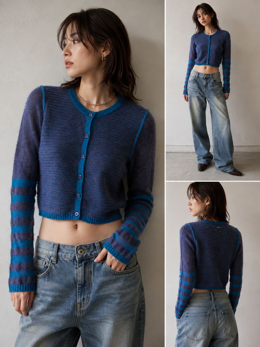 Vintage Byblos Mohair Blend Cropped Cardigan Blue Stripe Sleeve Made in Italy IT42 Y2K