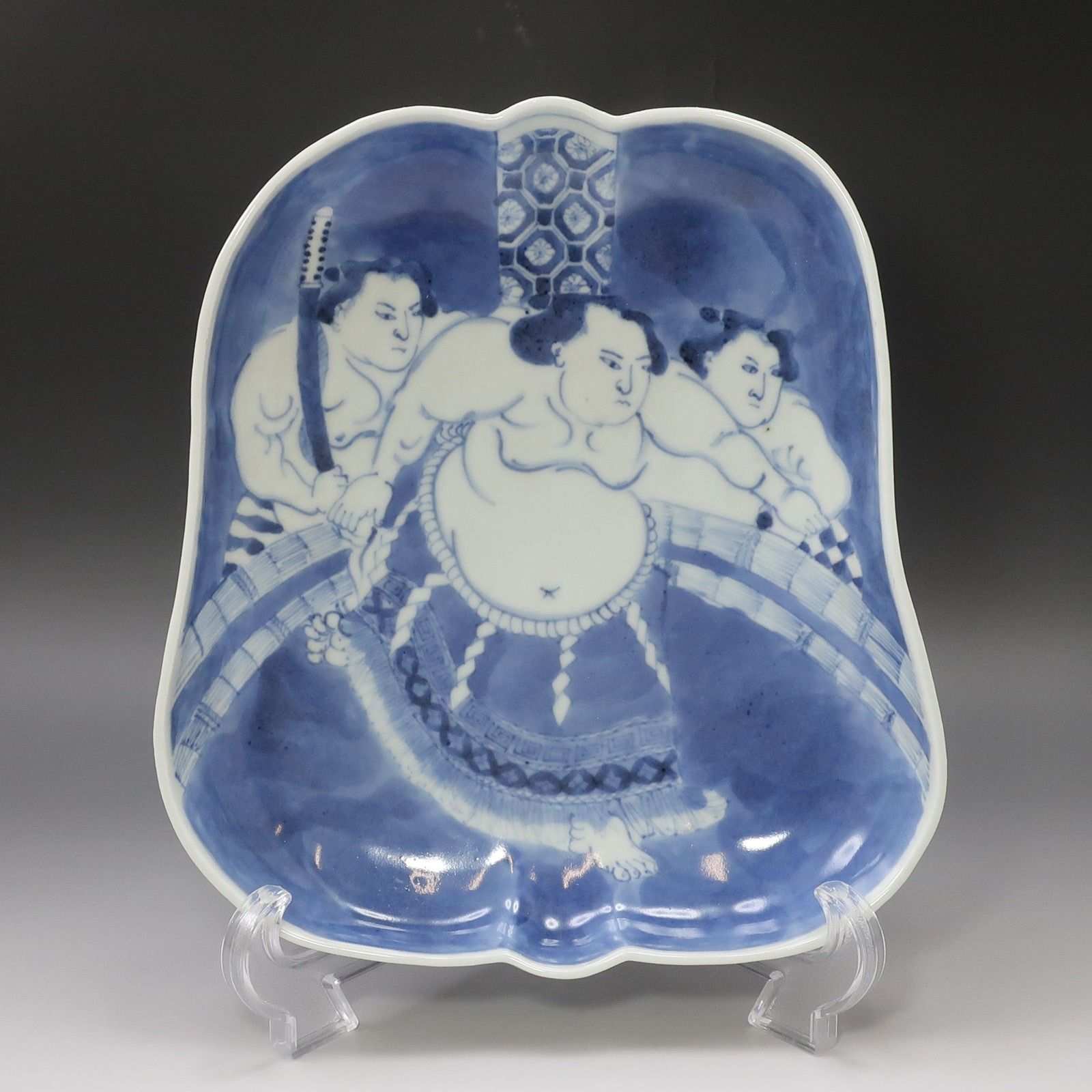 【Imari】伊万里焼 古伊万里 力士図 軍配形 皿 ( 大相撲 横綱 ) 陶磁器 _ 骨董品