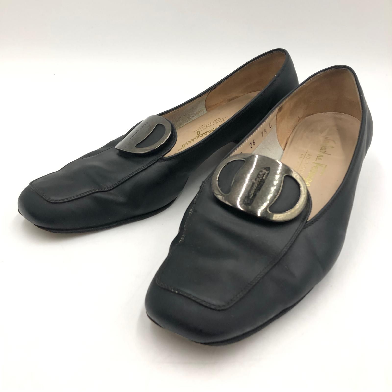 □ Salvatore Ferragamo サルヴァトーレフェラガモ ヴァラ金具 パンプス イタリア製 レザー 80124 7.5 黒 ■■ レディース