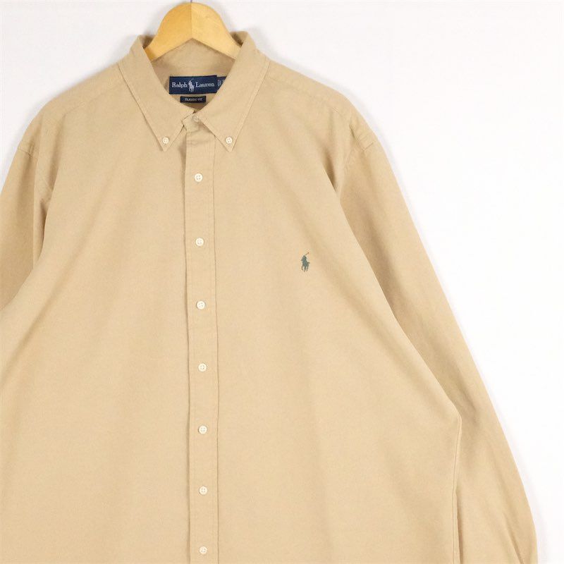 古着 大きいサイズ 旧タグ 90's ポロラルフローレン シルク混紡 長袖ボタンダウンシャツ メンズUS-XLサイズ 無地 ベージュ系 sc-0856n