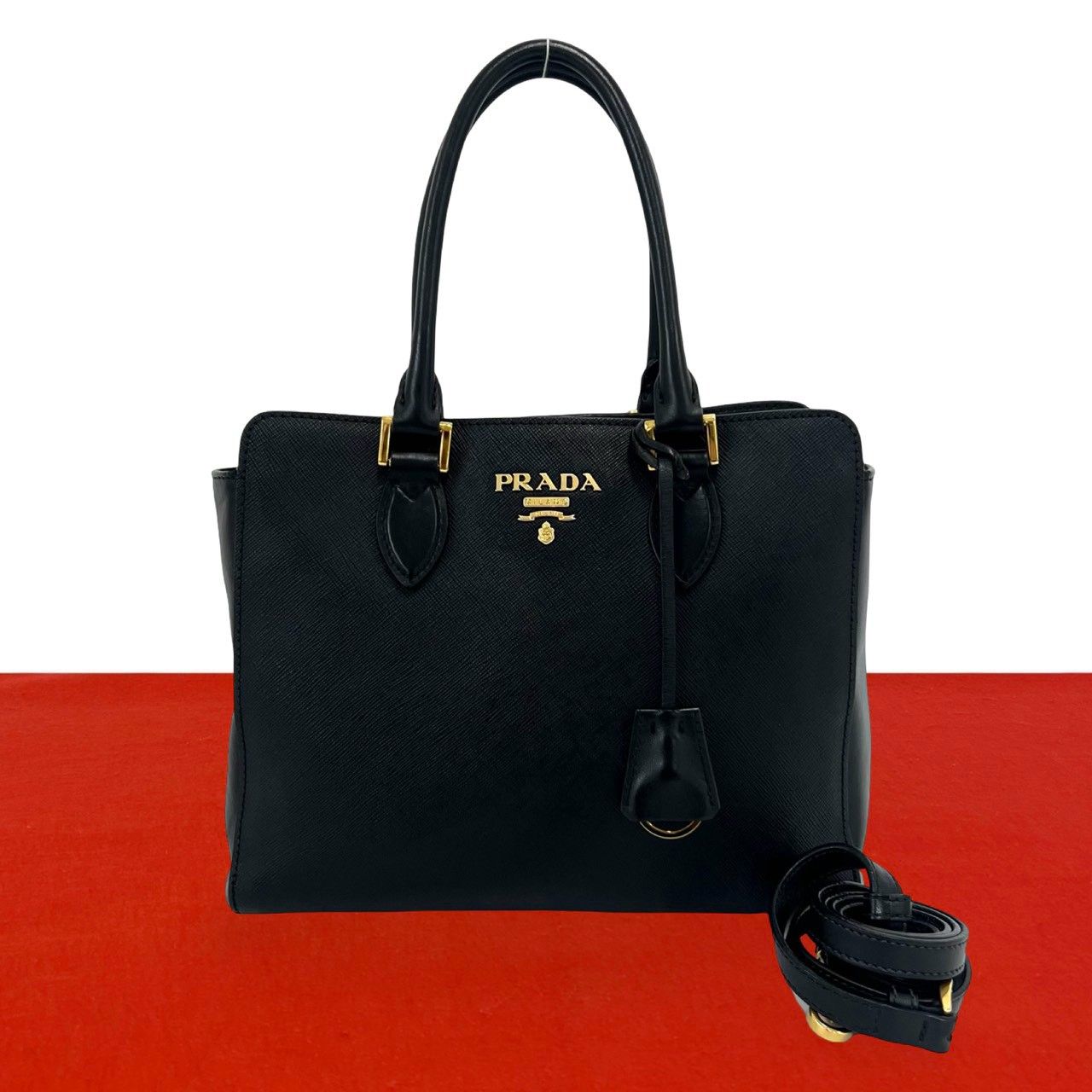 極 美品 PRADA プラダ ロゴ 金具 サフィアーノ レザー 本革 2way ショルダーバッグ ハンドバッグ ミニ トートバッグ ブラック 15516 99,165円
