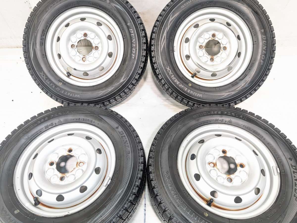 145/80R12 80/78LT ダンロップ ウィンターマックス SV01 　 M74 12x3.5 100-4穴 中古タイヤ スタッドレスタイヤ ホイールセット 4本セット w12260331088