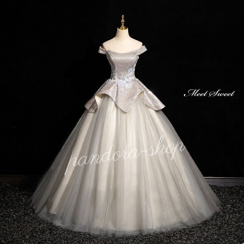 カラードレス プリンセスライン ロングドレス シルバー オフショルダー グレー ウェディングドレス 結婚式 二次会 花嫁 前撮り 発表会 ステージ衣装